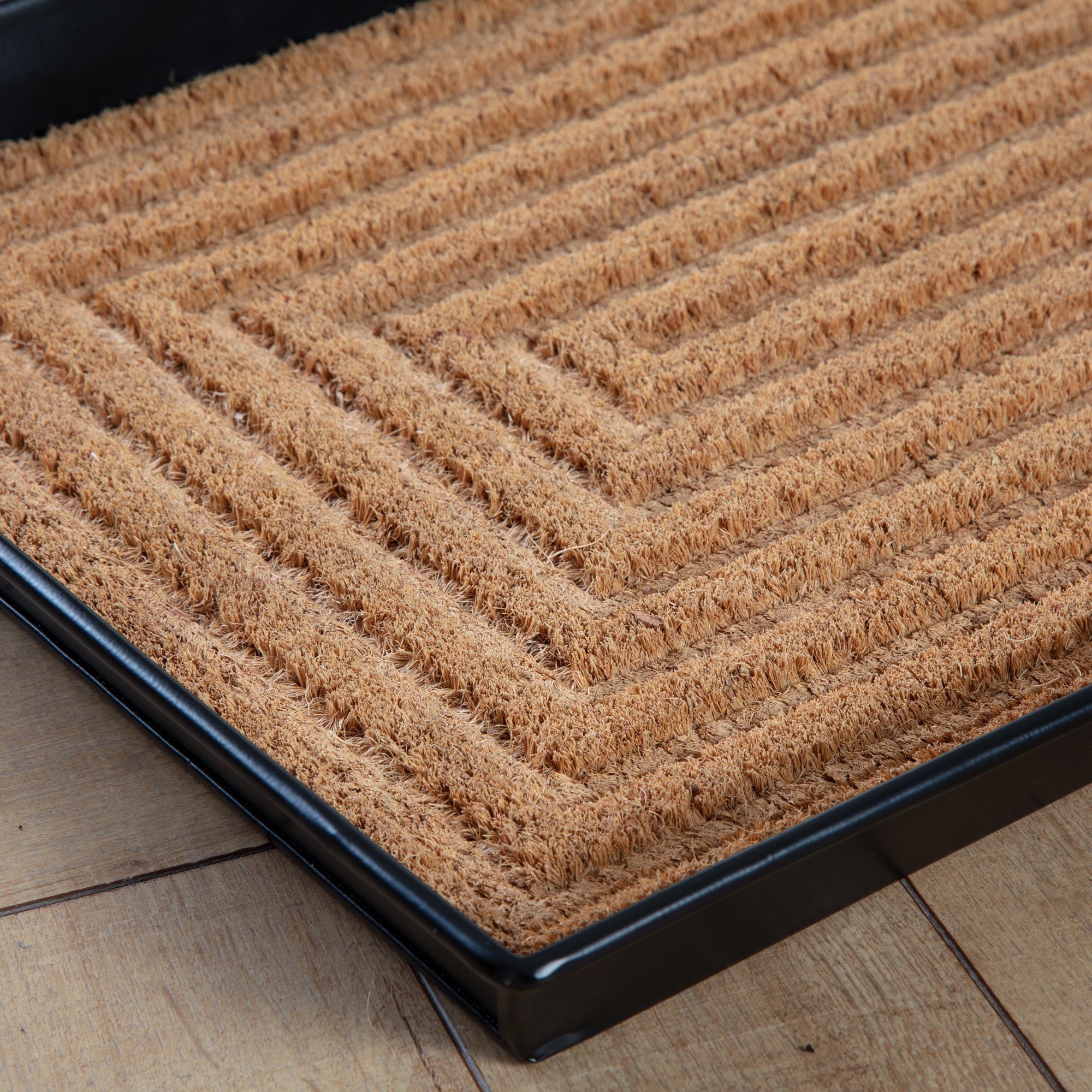 Black Metal Boot Tray with Rectangle Embossed Coir Insert