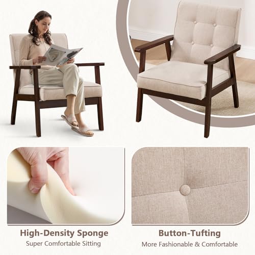 ANJ Mid Century Modern Accent Chair, Tufted Fabric Upholstery, Wood Frame, Beige
