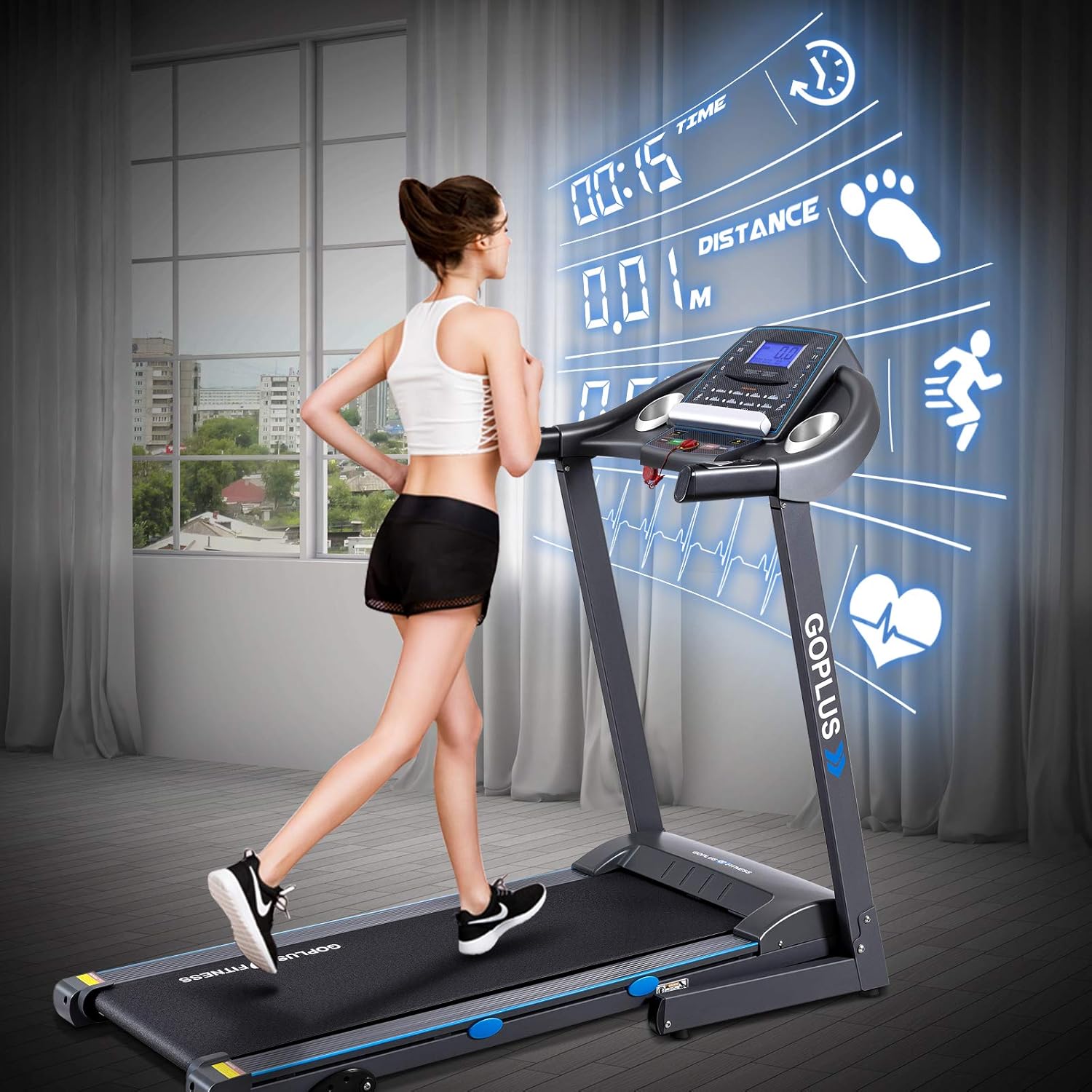 Goplus 2.25HP Folding Treadmill with Incline, Electric Treadmill, Walking Running Jogging Fitness Machine with Blue Backlit LCD Display for Home & Gym Cardio Fitness
