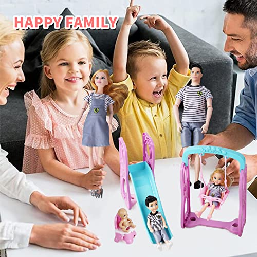 Family Dolls Set of 6 People with Pregnant Mom Dad 3 Kids and Baby Boy in Mommy's Tummy, Doll Playsets and Accessories for 3-12 Years Old Toddlers Gift(Update)