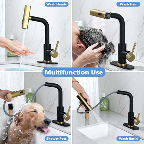 TRIPHIL Waterfall Bathroom Faucets with 3 Mode Pull Down Sprayer,Single Handle Modern Bath Sink Faucet with Pop Up Drain and Deck Plate,Brusehd Gold 1 Hole RV, Bar,Restroom,Lavatory,Vanity Tap
