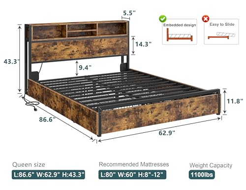 EnHomee Queen Bed Frame with 6 Storage Drawers, Bed Frame Queen Size with Headboard & Charging Station, No Noise,No Box Springs Needed,Vintage Brown