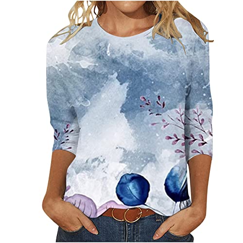 Women's Tops 3/4 Sleeve Casual Loose Crew Neck Shirts Trendy Floral Print Blouses Summer Comfy T Shirts
