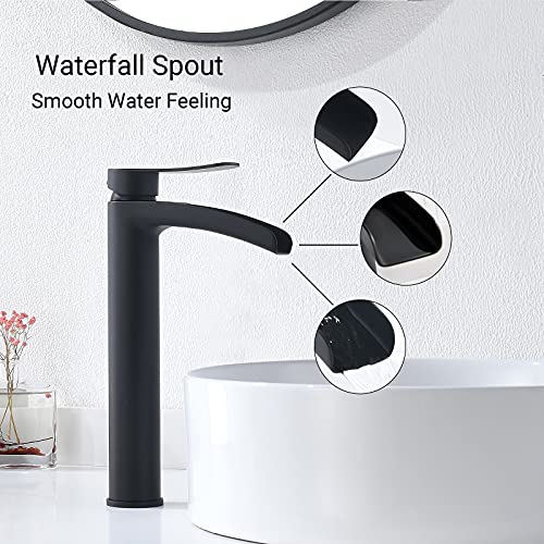 Phiestina Brushed Gold Tall Bathroom Vessel Sink Faucet, Single Hole Single Handle Waterfall Modern Bathroom Faucet, with Pop Up Drain and Water Supply Line, NS-SF01-BG-V