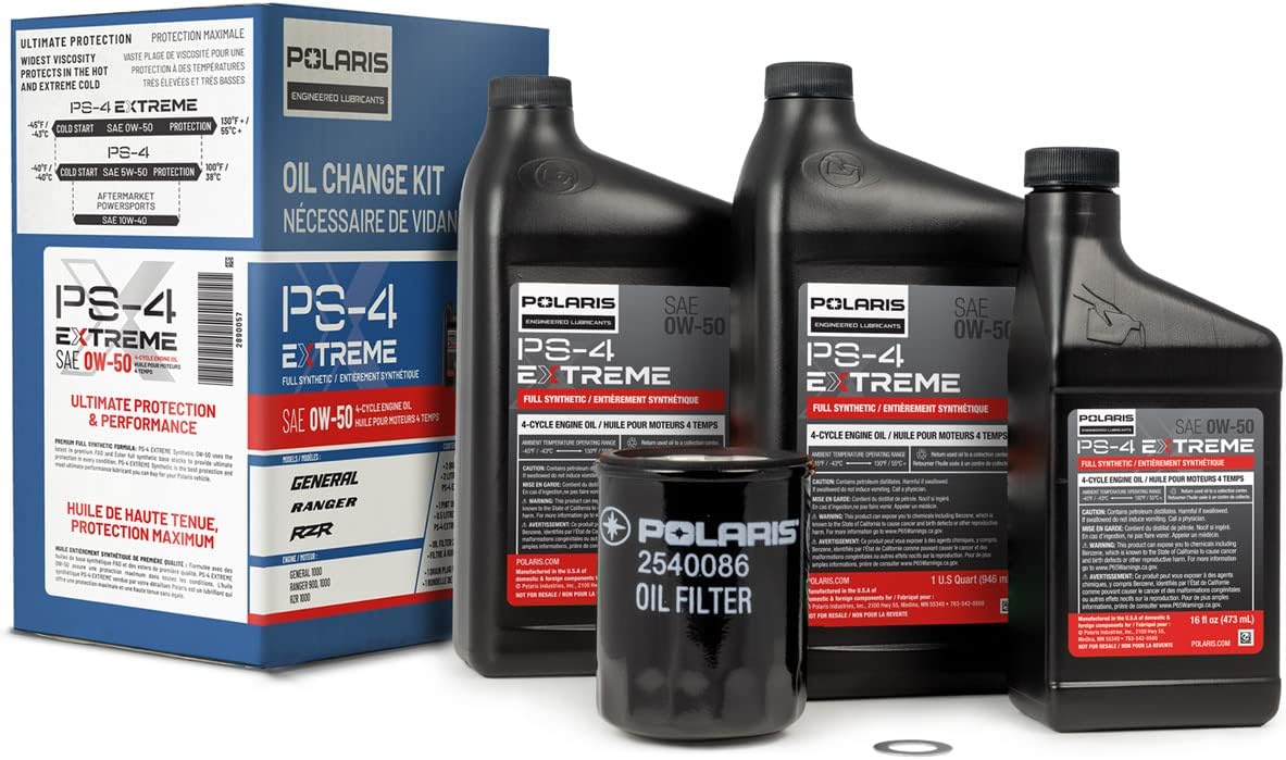 Polaris PS4 Oil Change Kit for Specific RANGER, GENERAL, RZR Models With 4 Stroke Engine, Includes 2.5 Quarts PS-4 EXTREME 0W-50 Full Synthetic Oil, 1 Oil Filter, 1 Washer, ATV UTV SxS - 2890057