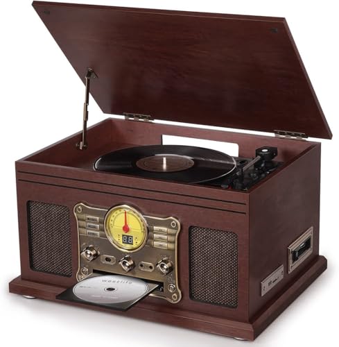 Bluetooth Record Player 10 in 1, 3-Speed Turntable for Vinyl with Speakers, LP to MP3 Converter, CD, Cassette Player, FM Radio, Wireless Streaming | Mahogany