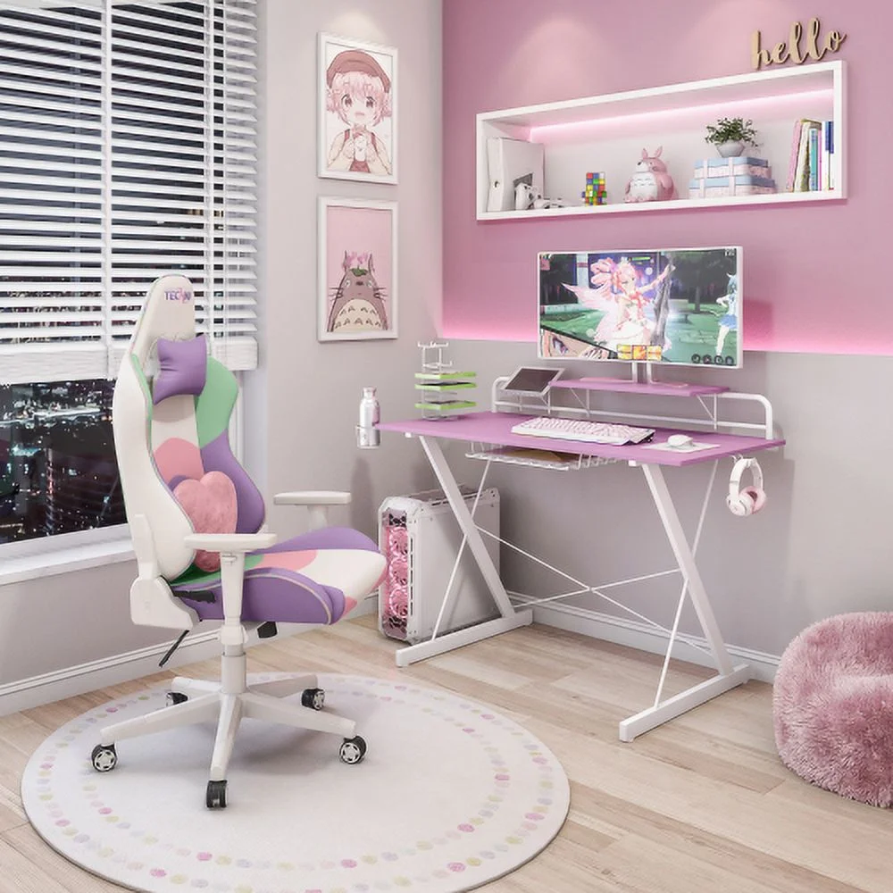 Carbon Computer Gaming Desk with Shelving, Pink