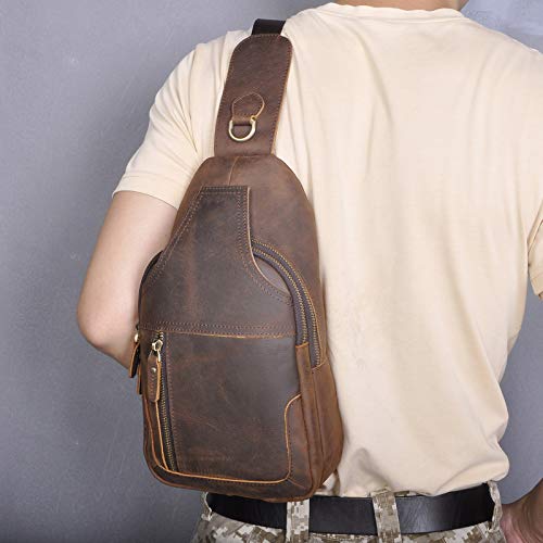 Le'aokuu Men Fashion Casual Tea Designer Travel Hiking Crossbody Chest Sling Bag Rig One Shoulder Strap Bag Men Leather 8015
