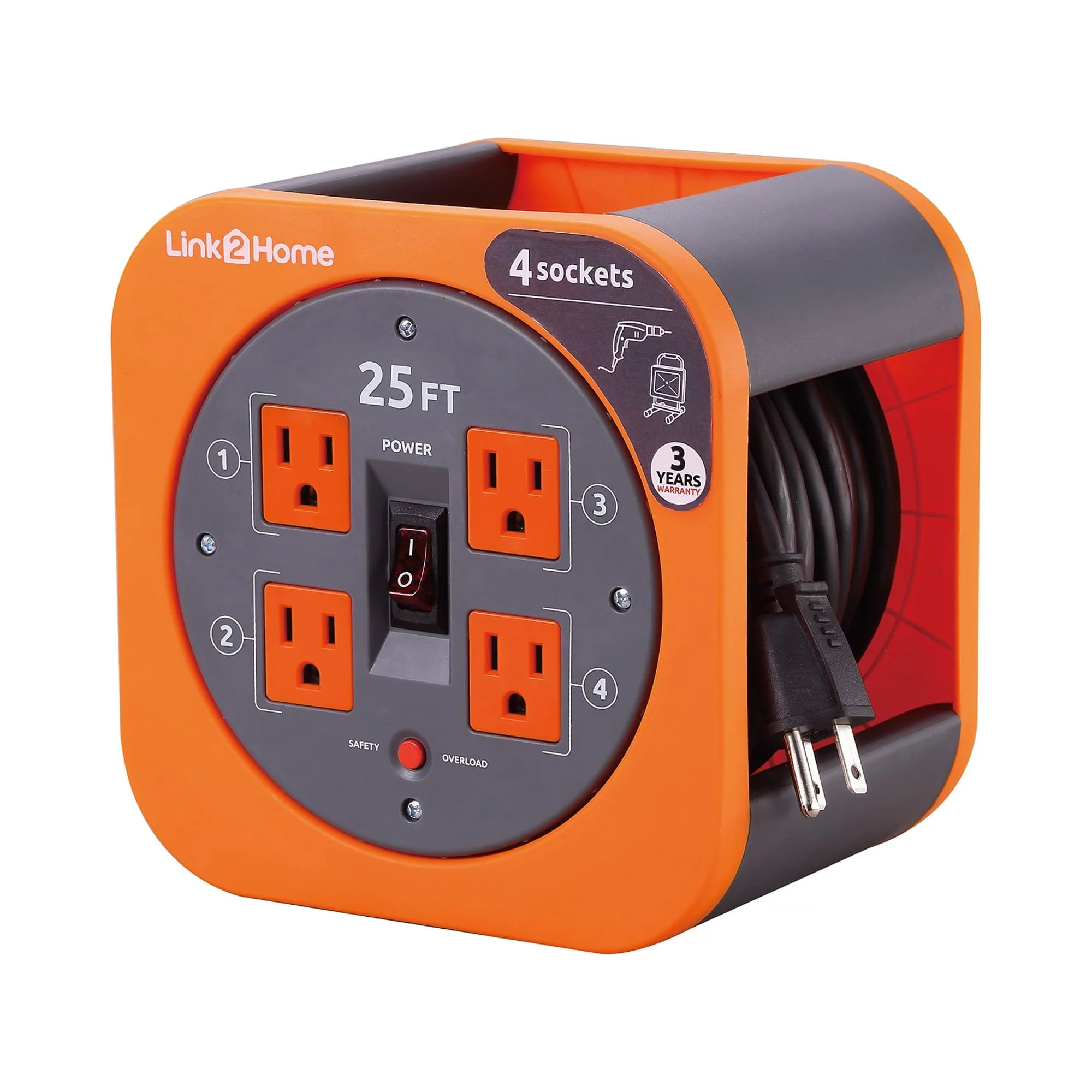 Link2Home Cord Reel 25 ft. Extension Cord 4 Power Outlets – 16 AWG SJT Cable.