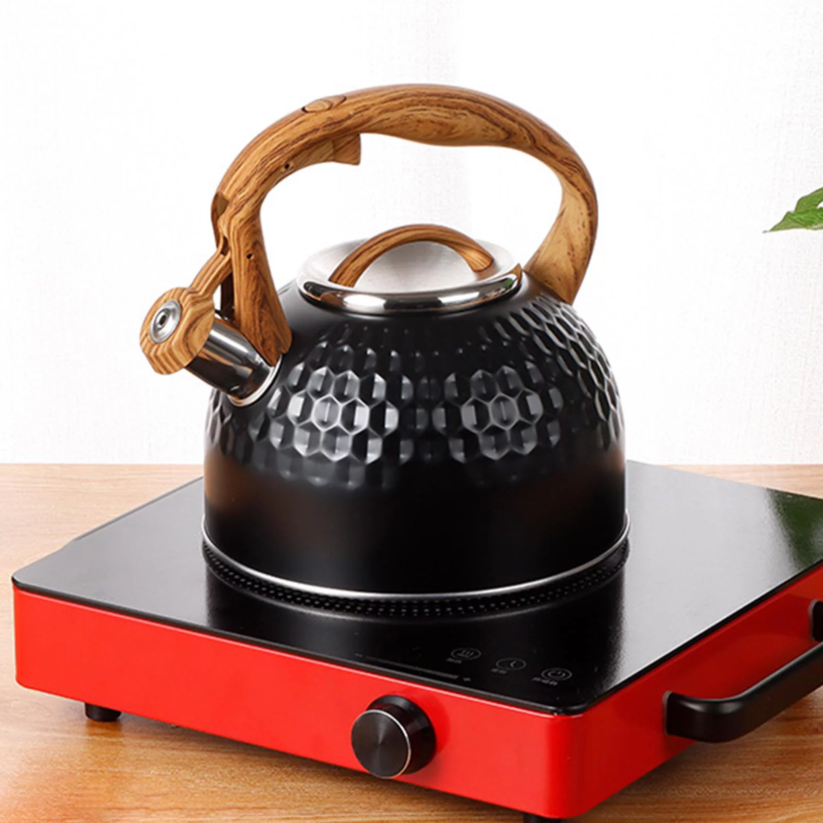 2500ml Black Stainless Steel Tea Pot Whistling Kettle with Wooden Pattern Handle