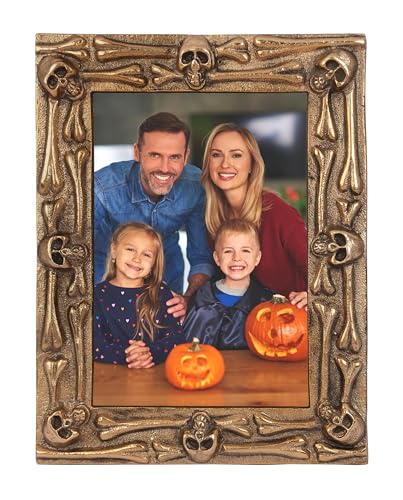 AHC HOME & LIVING 5x7 Halloween Picture Frame – Antique Gold Skeleton Metal Photo Holder, Gothic Haunted House Décor for Tabletop & Wall Display