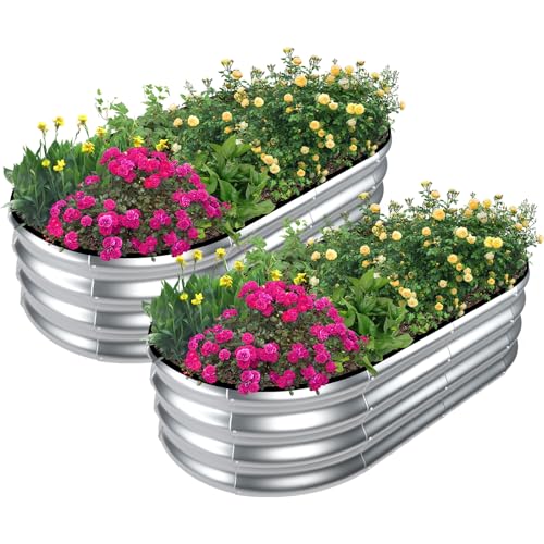 SnugNiture Galvanized Raised Garden Bed Outdoor, 2 Pcs 4x2x1ft Oval Metal Planter Box for Planting Plants Vegetables, Brown