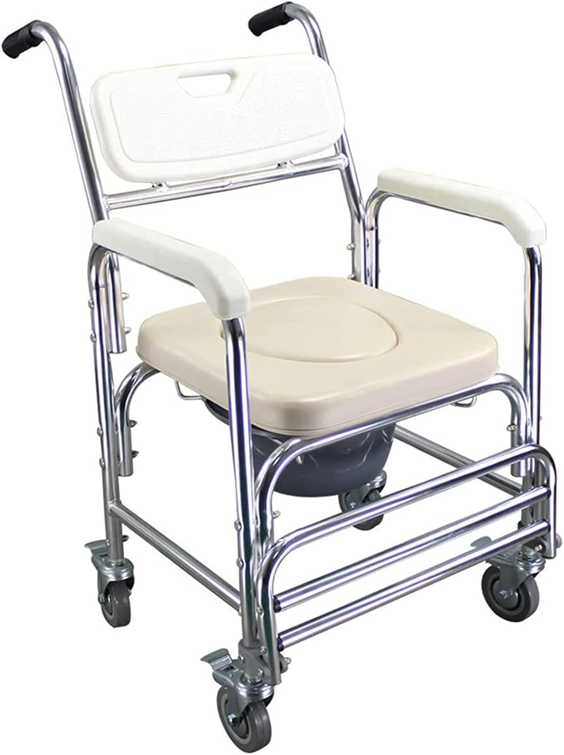 KOHARA Shower Commode Chair with Wheels, 3 in 1 Shower Wheelchair for Toilet with Anti Skid Arms 4 Locking Casters Detachable Bucket Shower Chair for Elder Disabled Nursing U (O)