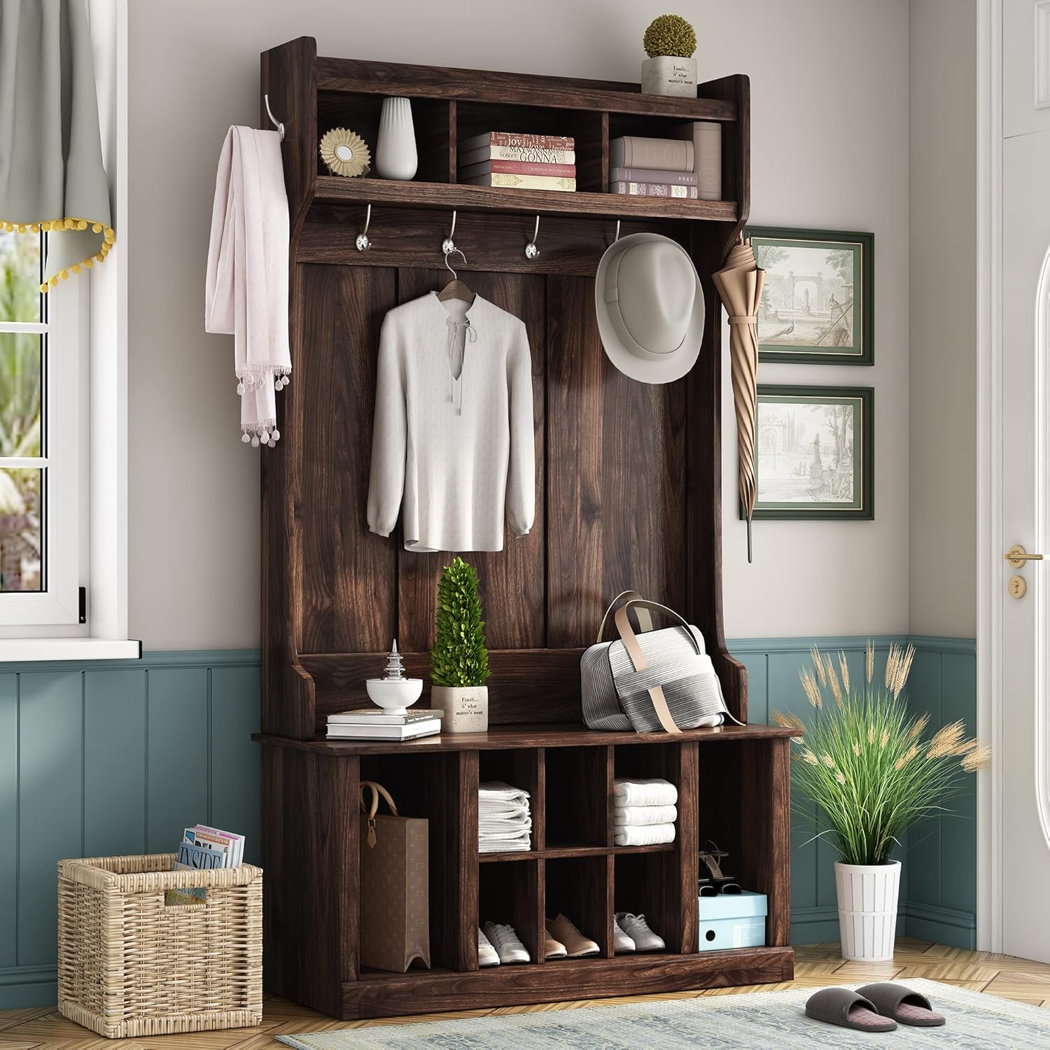 Hall Tree with 6 Hooks, Coat Hanger, Entryway Bench, Storage Bench, 3-in-1 Design, 39.4INCH, for Entrance, Hallway(Tiger)