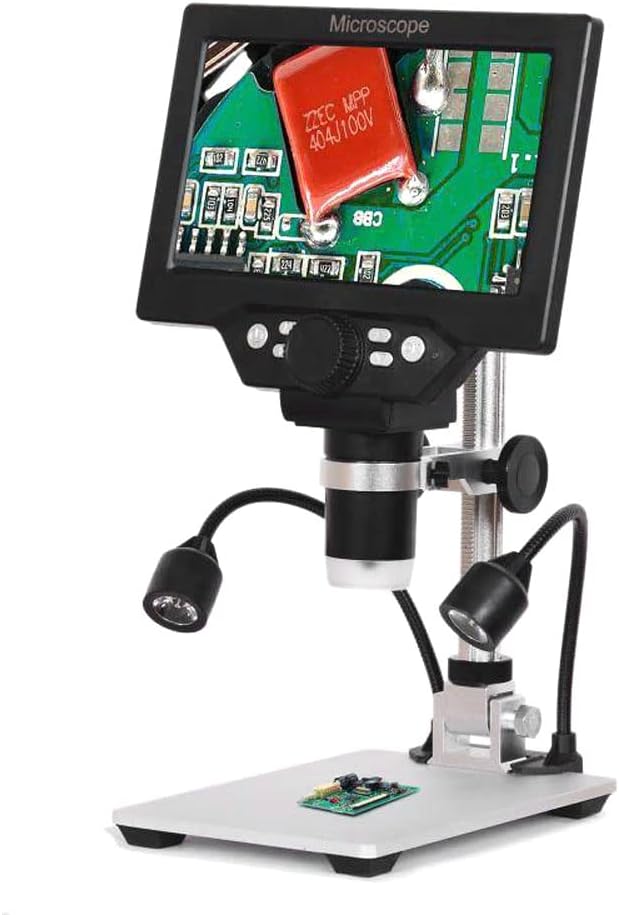 G1200 Digital Microscope 7 Inch Large Color Screen Large Base LCD Display 12MP 1-1200X Continuous Amplification Magnifier with Aluminum Alloy Stand with Two Fill Lights