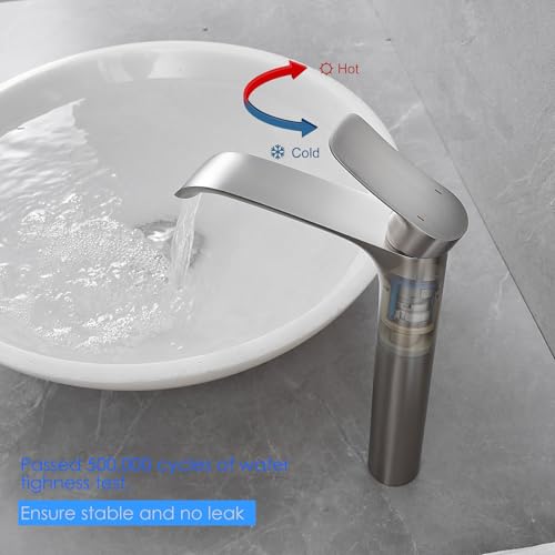 Tall Vessel Sink Faucet Bathroom Waterfall Faucet Brushed Gold Finished Single Handle Matte Black Vanity Bathroom Faucet Basin Mixer Tap with Water Supply Hose and Pop Up Sink Drain