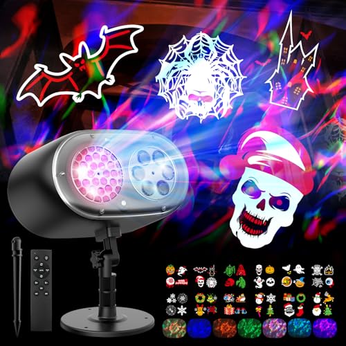 12-in-1 Halloween Christmas Projector Lights Outdoor Waterproof, 2025 Upgrade Holiday Projector Light 3D Dynamic Ocean Wave+ Patterns, Clearer Ghost/Skeleton/Pumpkin/Devi Face Lights for Party Decor
