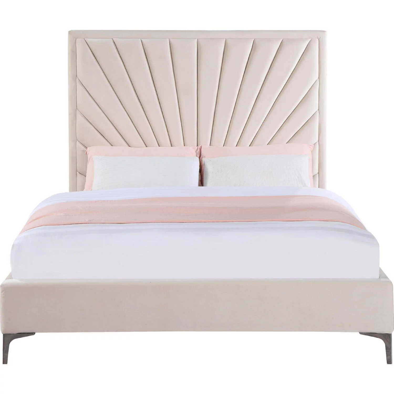 Oliver Modern Wood King Size Bed, Channel Tufted Panel Headboard, Beige