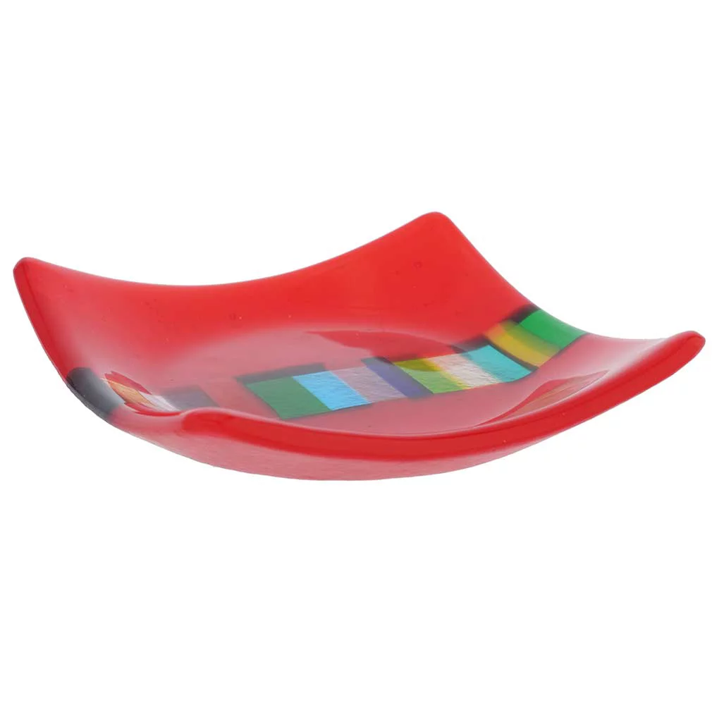GlassOfVenice Murano Glass Ruby Red Plate With Rainbow Ribbon