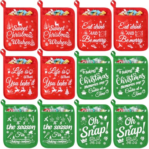12 Pcs Christmas Pot Holders with Pockets Red Green Pocket Pot Holder Kitchen Hot Pad Oven Mitts Farmhouse Potholders for Kitchen Cooking Baking