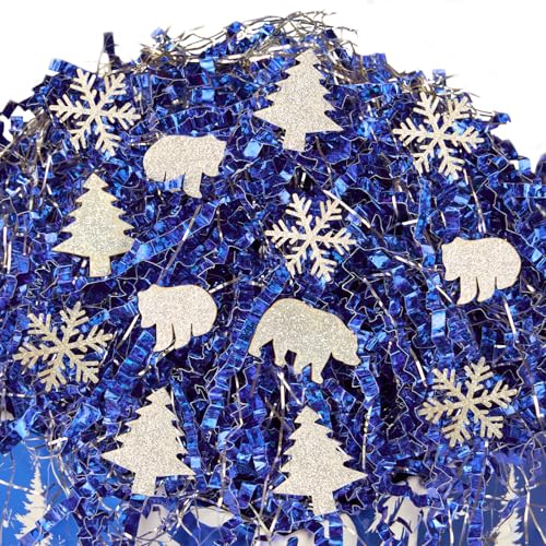 PAPER FAIR 1LB Metallic Red Green Christmas Crinkle Cut Paper Shred Filler w/Tree & Snowflake Confetti, Gift Wrap Packaging Raffia Tissue Strand, Craft Bedding Cushion, Winter Birthday Box Basket