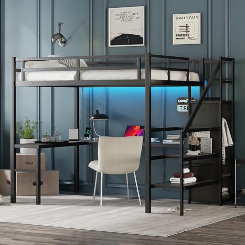 Twin XL Industrial Metal Loft Bed with L-Shaped Desk, USB, LED, Wardrobe, Adjustable Shelves, and Stairs (Black)