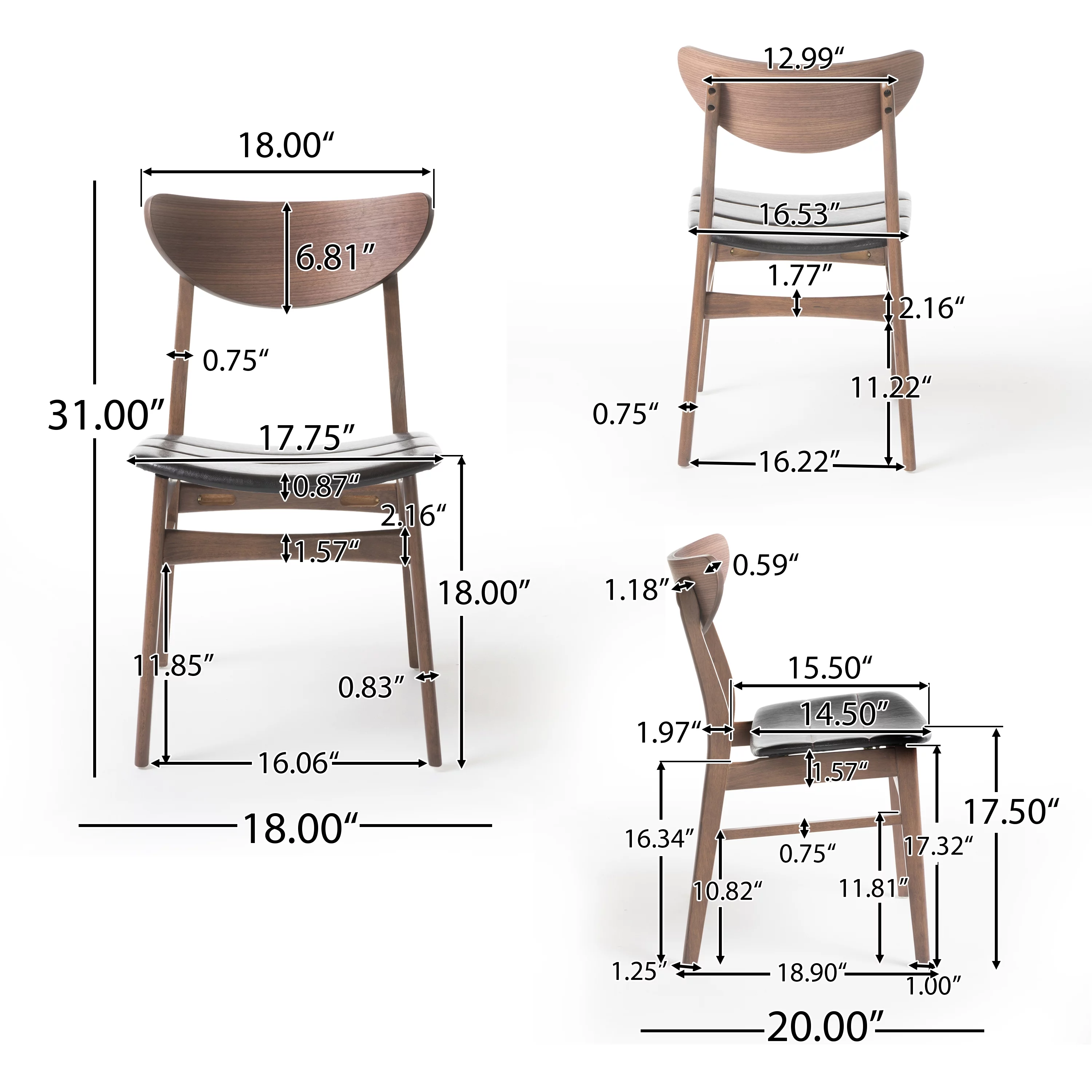 GDF Studio Camilla Mid Century Modern Wood Dining Chairs, Set of 2, Dark Brown and Walnut