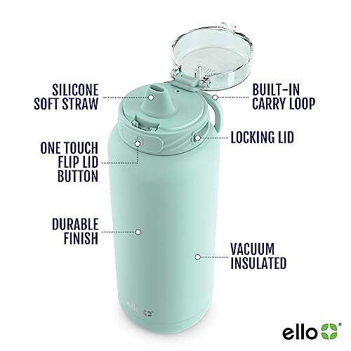 Ello Cooper 32oz Stainless Steel Water Bottle with Straw and Carry Handle, Double Walled and Vacuum Insulated Metal, Leak Proof Locking Lid with Soft Silicone Spout, Reusable, BPA Free, Yucca