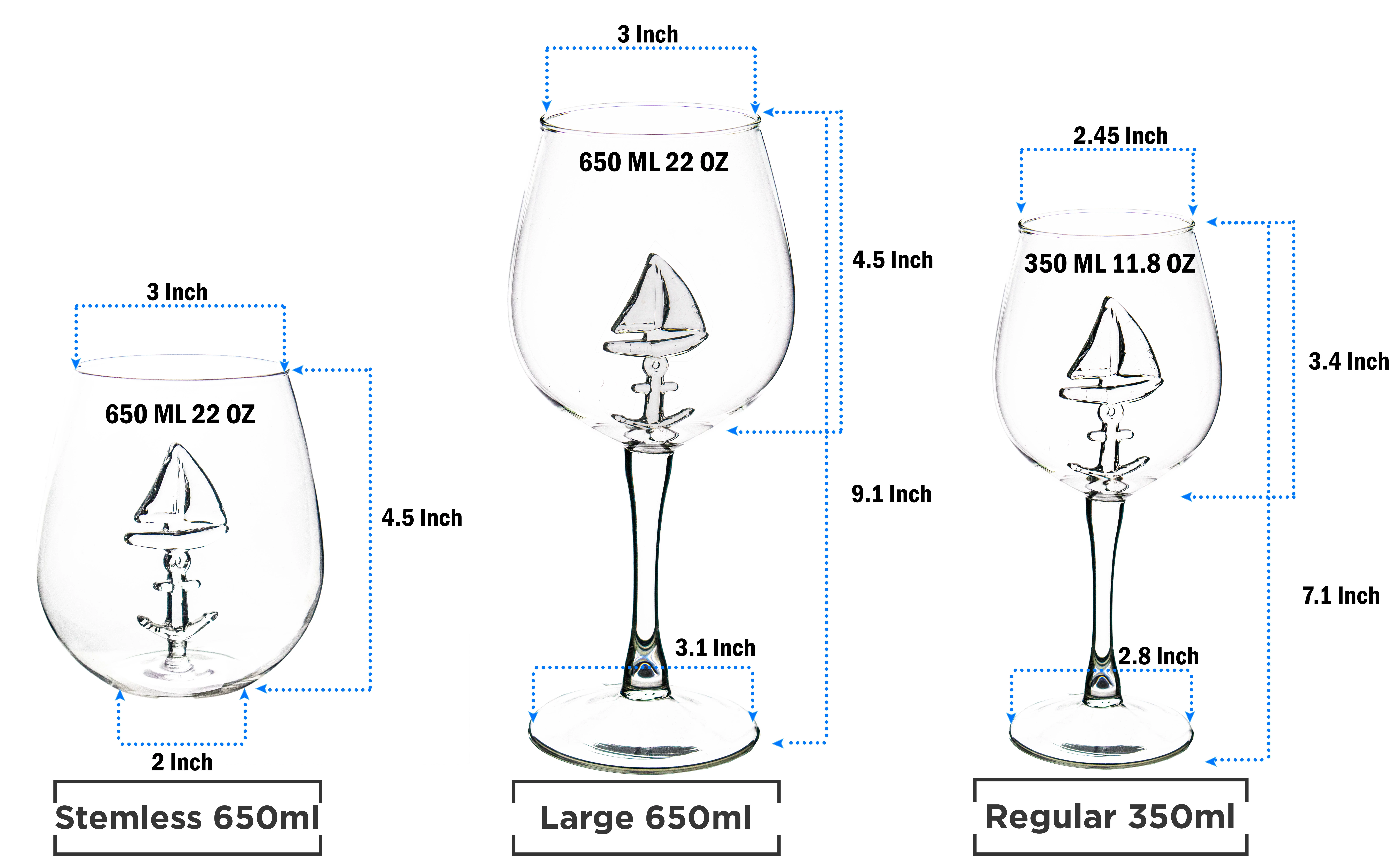 Sail Boat Wine Glass with 3D Sailboat and Nautical Anchor Design - 2 PC SET 350ml Stemmed - Unique Sea-Themed Wine Stemware for Drinking Wine, Boating, and Sailing