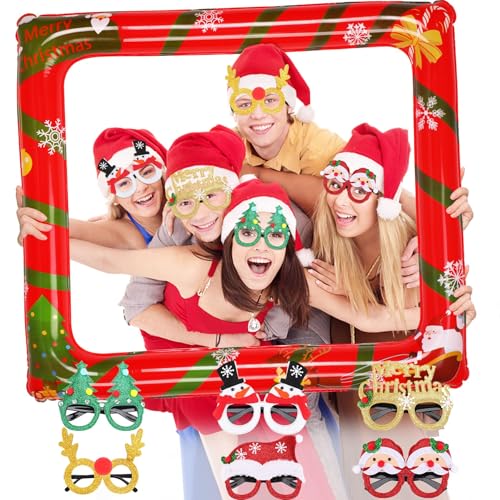 VOCOOL Christmas Photo Booth Props and 6 Pcs Christmas Glitter Glasses Xmas Activities Christmasday Photo Props Frame for Winter Xmas Holiday New Year Party Favors Supplies Games, One Size Fits All