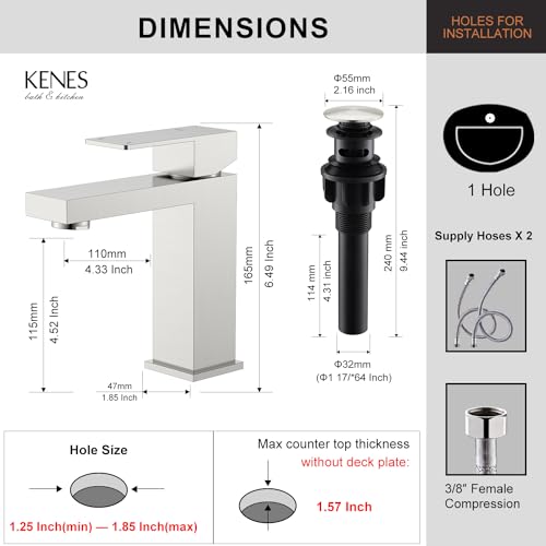 KENES Brushed Nickel Vessel Sink Facuet Single Handle Tall Bathroom Sink Faucet Vanity Bathroom Faucet Basin Mixer Tap with Water Supply Hose and Pop Up Sink Drain, LJ-9031A
