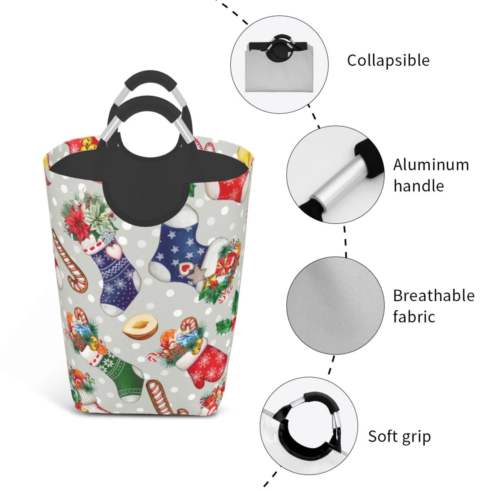 XMXT Collapsible Laundry Basket Hamper, Cartoon Christmas Stocking Large Laundry Bag Clothes Hamper with Aluminum Handle, 50L