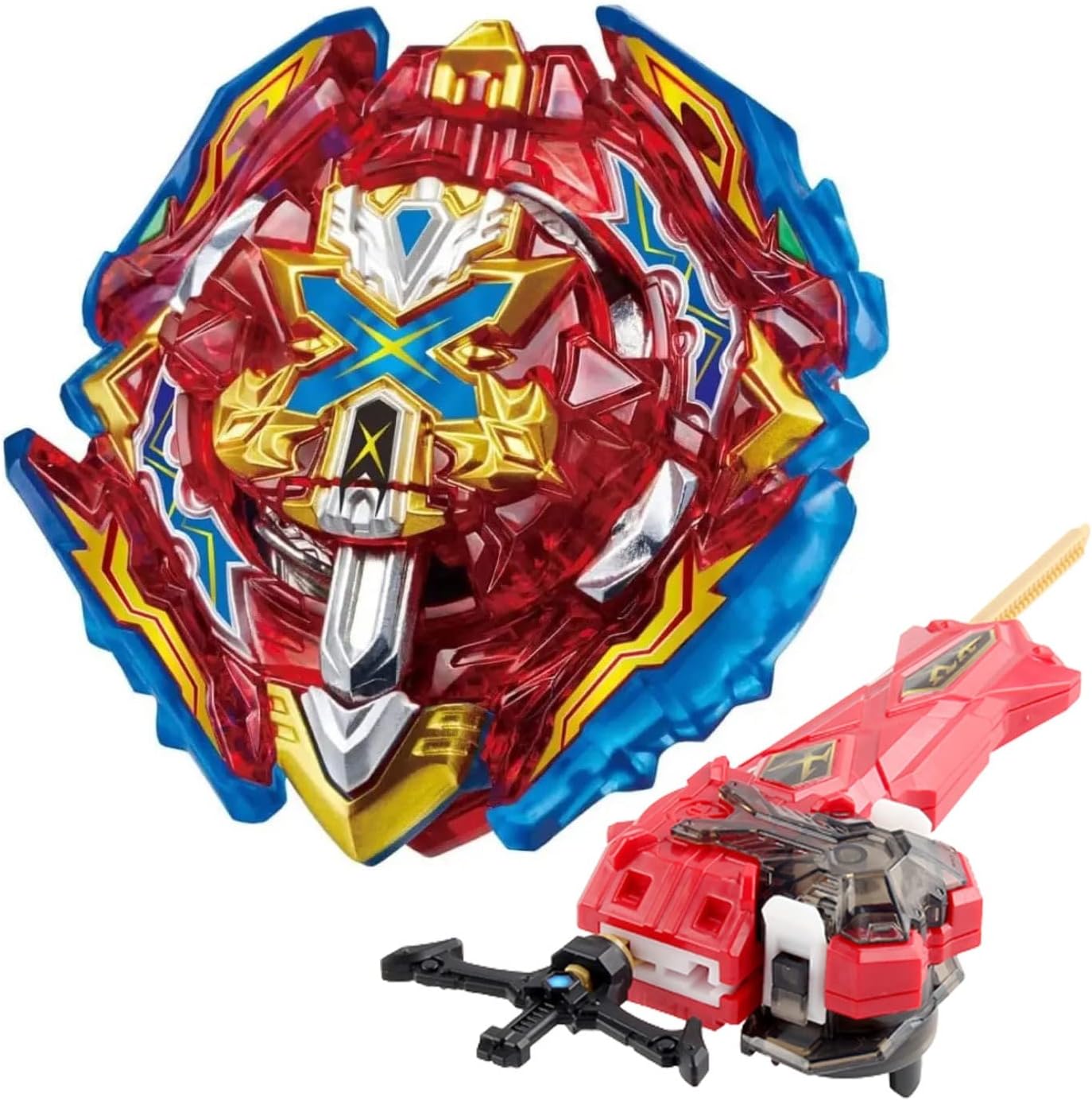 Bey Battling Launcher Set, B-200 Xiphoid Xcalibur Xanthus Burst Bey, Left and Right Spin Sword Ripcord Launcher Compatible with All Bey Burst Series - Red