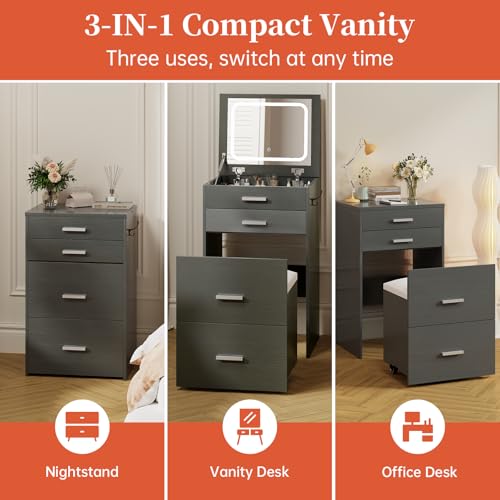 Compact Vanity with 3 Drawers, 3 in 1 Vanity Desk, Makeup Desk with Flip-up 3 Colors Lighting Mirror and Cushioned Stool, Small Vanities Nightstand Perfect for Bedroom, White