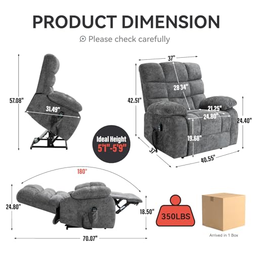 Oversized Lift Recliner Chair - Lay Flat Massage Recliner Chair with Heat & Massage Function, Dual Motor Infinite Position Up to 350 LBS Heavy Duty Electric Power Lift Recliners with Remote (Grey)