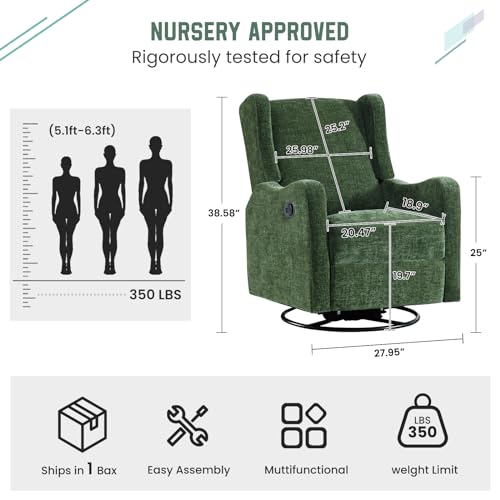 360° Swivel Glider Recliner, Soft Chenille Mid Century Modern Upholstered Ergonomic Rocker Comfy Wingback Accent with Curved Arm Sillas Reclining Chair Living Room Bedroom Lounge Reading Nursery Green