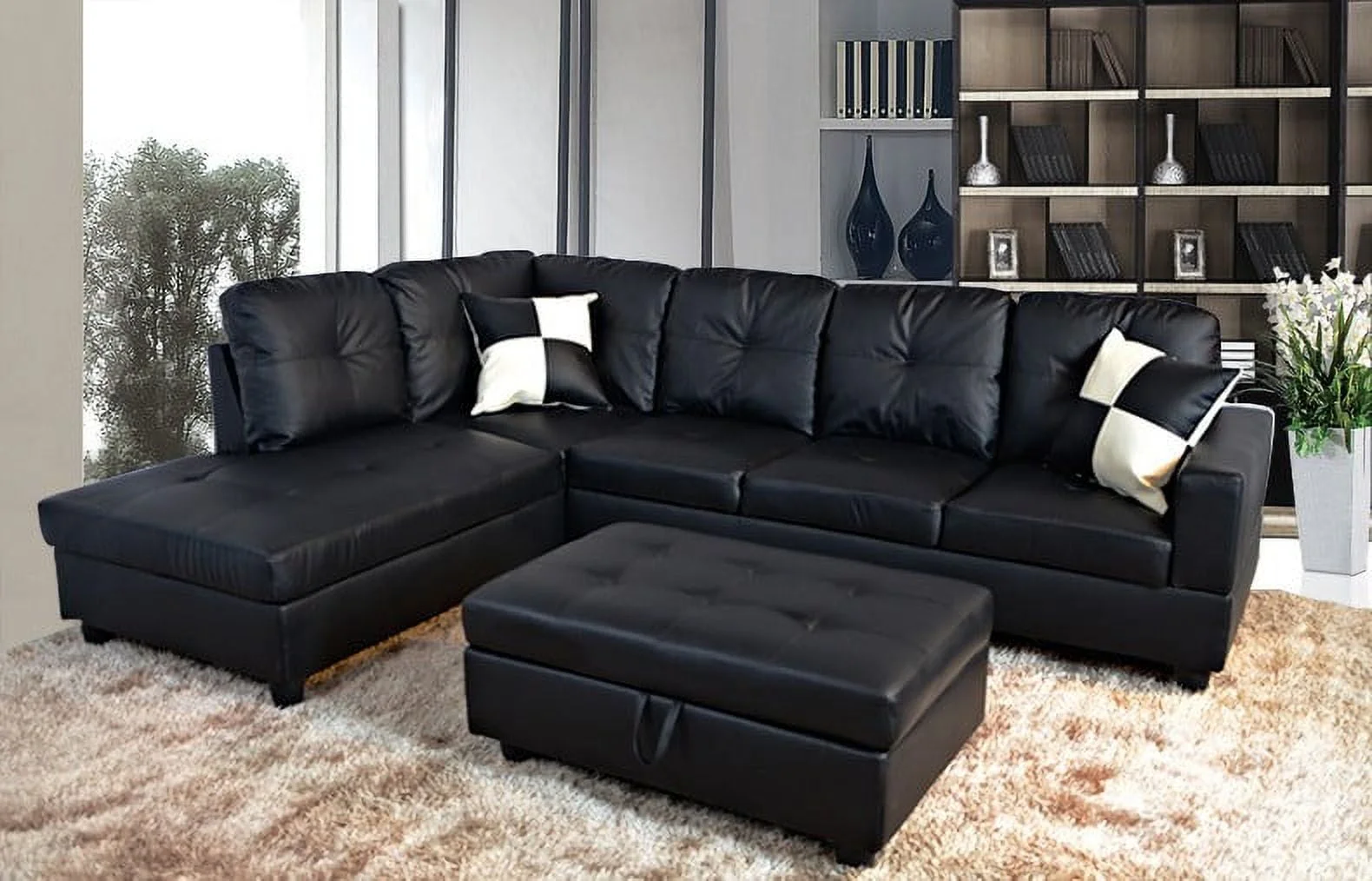 PonLiving Furniture ROY Faux leather SECTIONAL SOFA Left Facing with Ottoman Black PonLiving ROY Faux leather SECTIONAL SOFA Left Facing with Ottoman Black