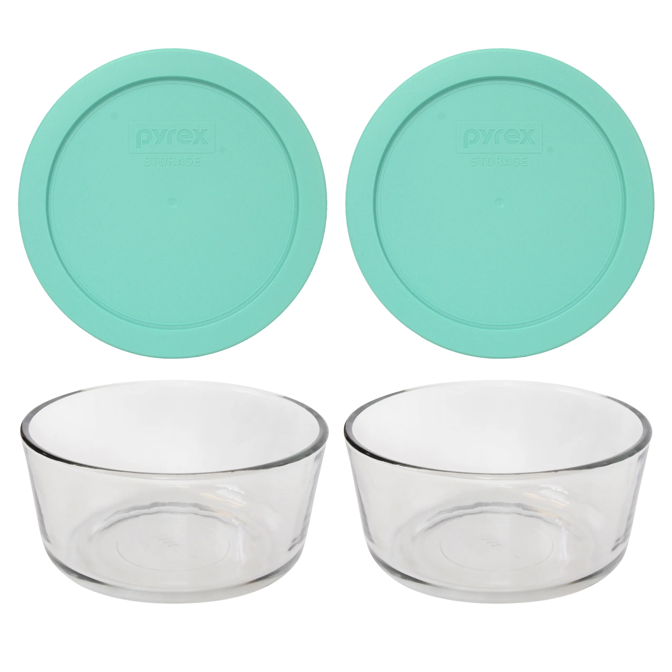 Pyrex 7201 Round Glass 4-Cup Storage Bowl with 7201-PC Sea Glass Green Plastic Lid (2-Pack)