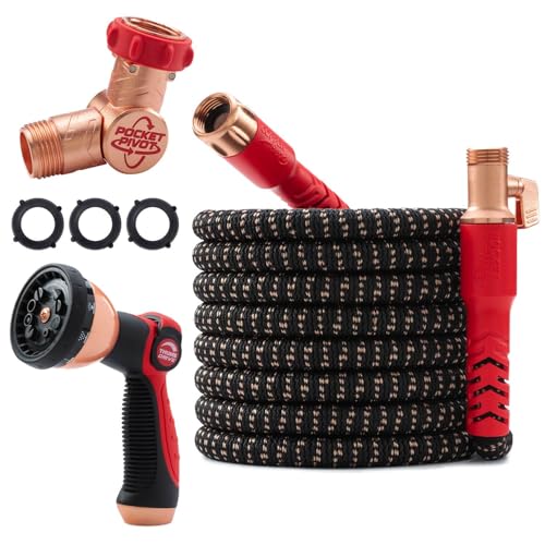 Pocket Hose Copper Head UV w/Pocket Pivot, Expandable Garden Hose 75 FT w/10 Pattern Thumb Sprayer AS-SEEN-ON-TV 650psi 3/4in Ultra-Light Solid Copper Anodized Aluminum Fittings No-Kink No-Lead