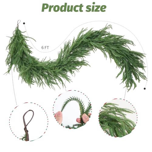 9FT Artificial Norfolk Pine Garland, Realistic Christmas Greenery Garland for Mantle, Staircase, Banister, Fireplace, Wall, Door, Table, Indoor & Outdoor Holiday Xmas Decortions