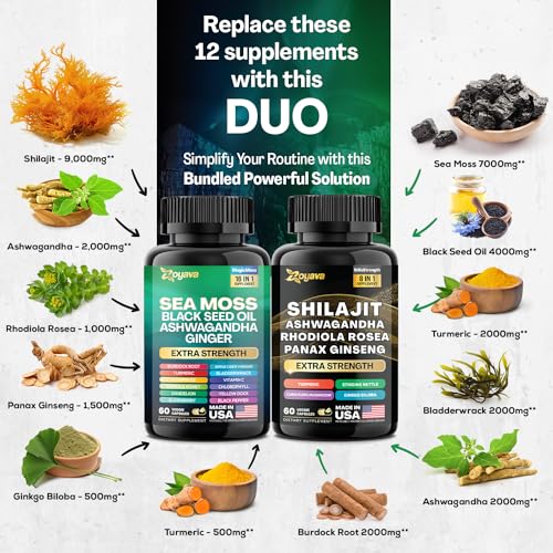 Zoyava Dynamic Vitality Bundle, Sea Moss and Shilajit Bundle, Sea Moss 7000mg, Black Seed Oil 4000mg, Ashwagandha 2000mg, Ginger & Shilajit 9000mg, Rhodiola Rosea 1000mg, Panax Ginseng (2 Pack)