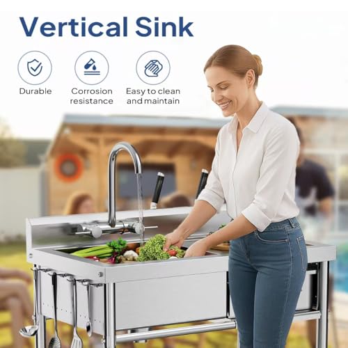 BONNLO Stainless Steel Utility Sink, Freestanding Utility Sinks with Workbench Drawer Double Shelves for Commercial Kitchen Laundry Room Farmhouse Hotel Indoor and Outdoor, 39.37