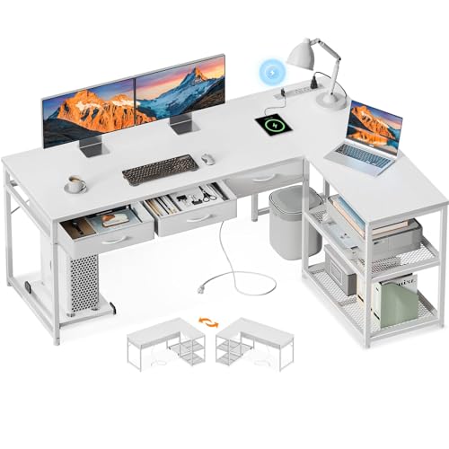 AODK 53 Inch L Shaped Computer Desk with Drawers, Corner Desk with Power Outlets & Reversible Storage Shelves, Movable CPU Stand for Home Office Gaming, Vintage