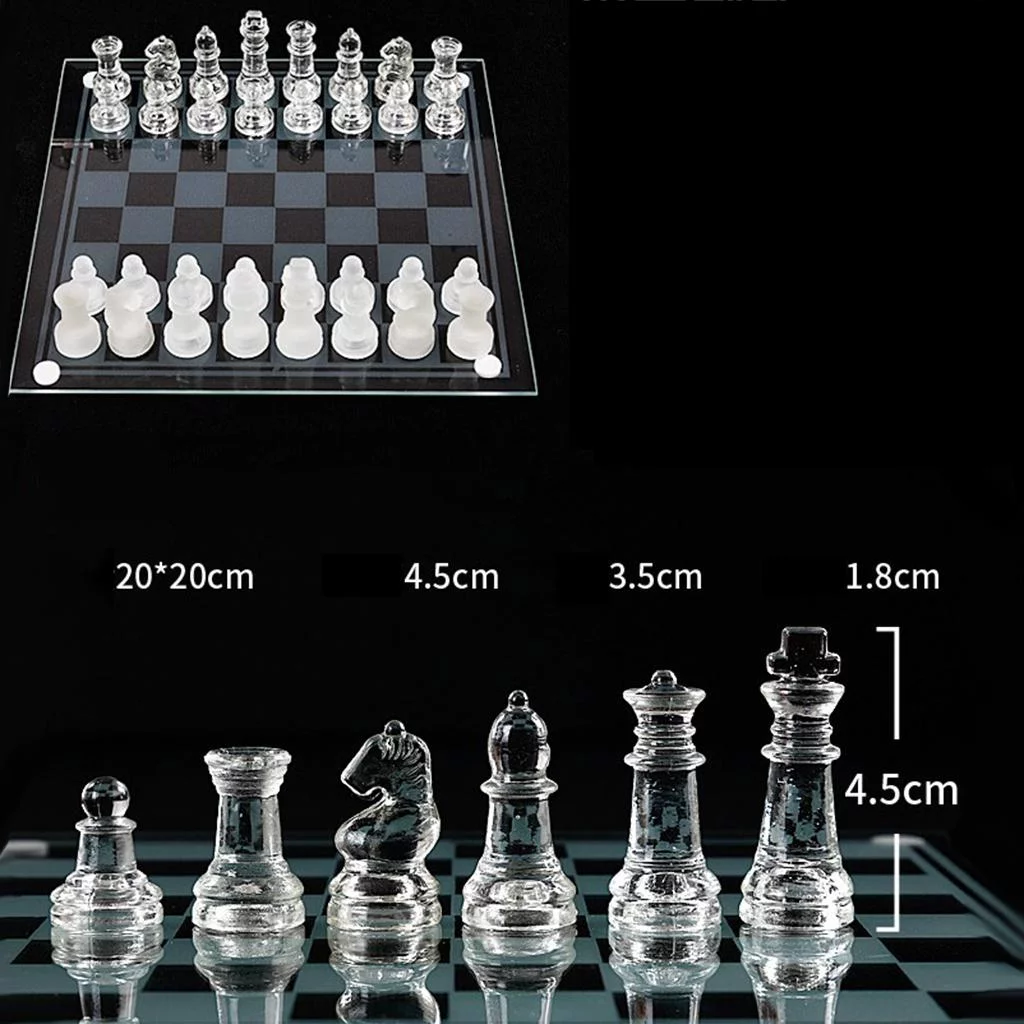 10 / 8 Chess , Solid Glass Chess Pieces with Padded Bottom, Crystal Chess Board Kids Adults Play Set - 20x20cm