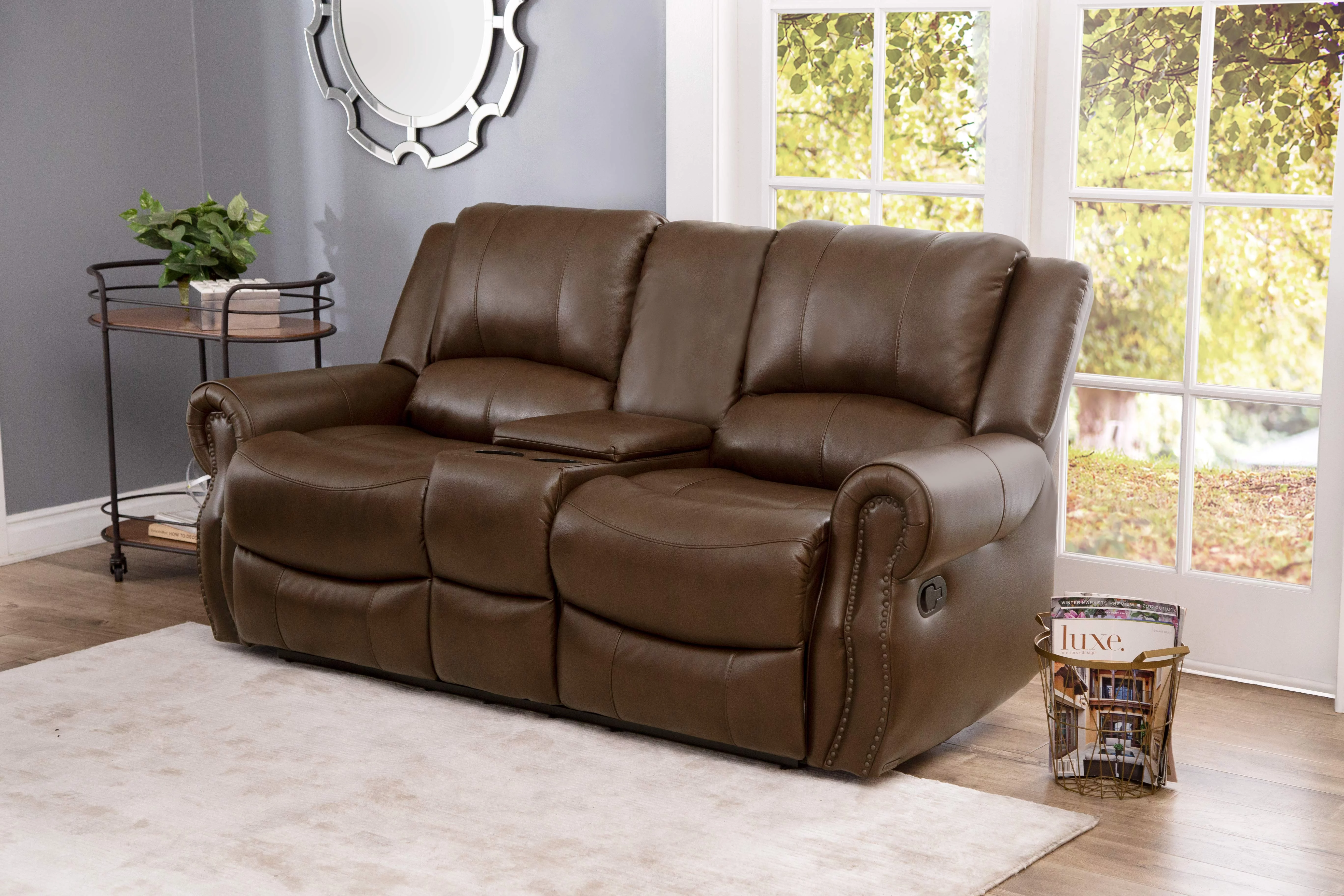 Devon and Claire Kanan Mesa Camel Reclining Console Leather Loveseat