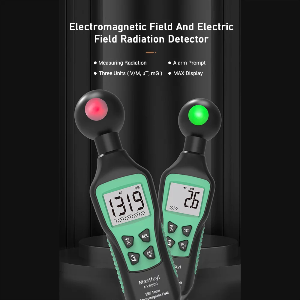 Mastfuyi FY8809 EMF Meter Digital Electromagnetic Field Tester Hand-held Electric Field Radiation Detector with Flashlight Sound-Light Alarm LCD Backlight Display for Office Home EMF Inspect