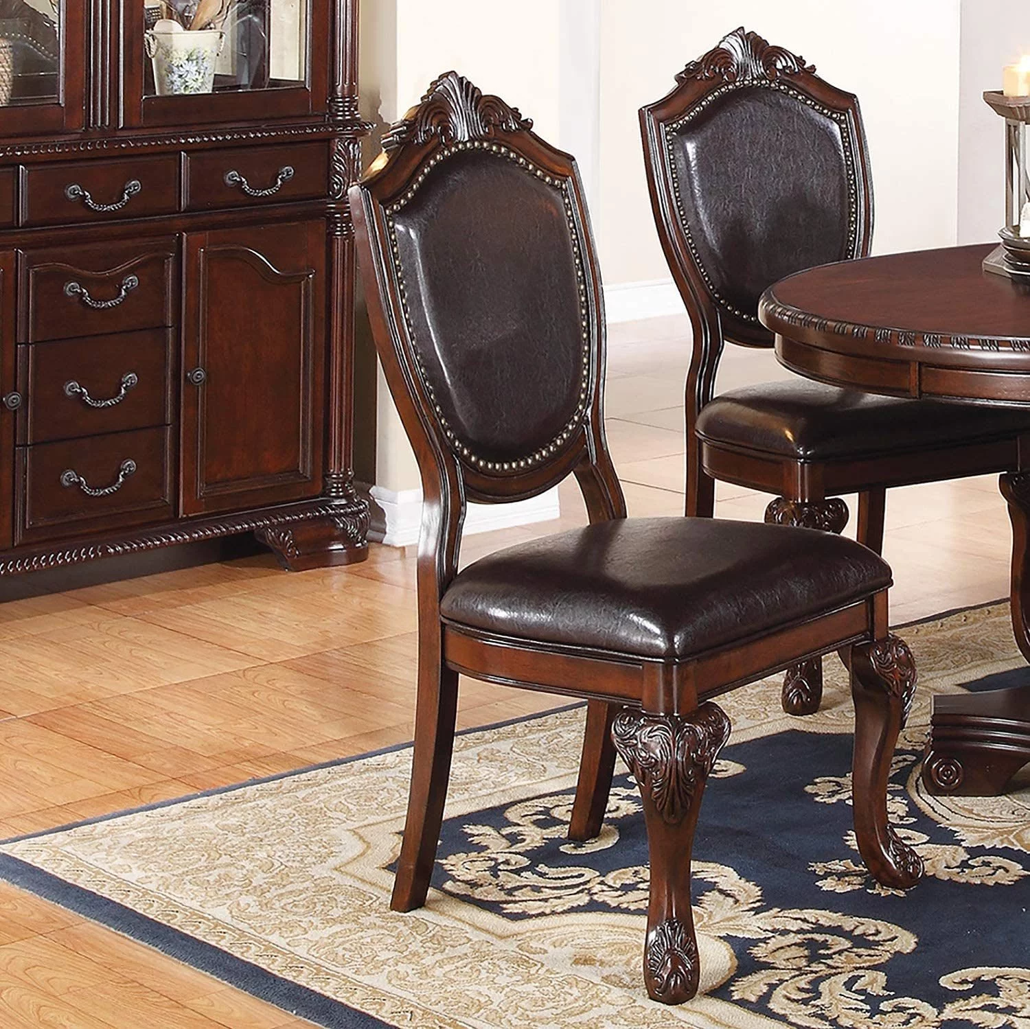LANTRO JS Royal Majestic Formal Set of 2 Side Chairs Brown Color Rubberwood Dining Room Furniture Intricate Design Faux Leather Upholstered Seat