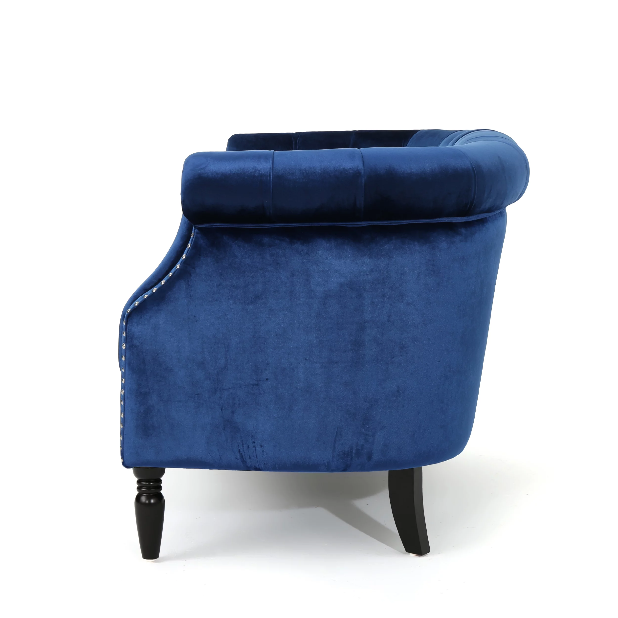 Melaina Tufted Chesterfield Velvet Loveseat with Scrolled Arms, Navy Blue and Dark Brown