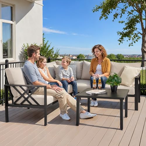 Patio Furniture Set, 6-piece Metal Sectional Furniture Sofa with Coffee Table, L Shaped Outdoor Couch with Olefin Cushion, Highback Frame, Outdoor Patio Conversation Sets for Balcony Backyard, Grey