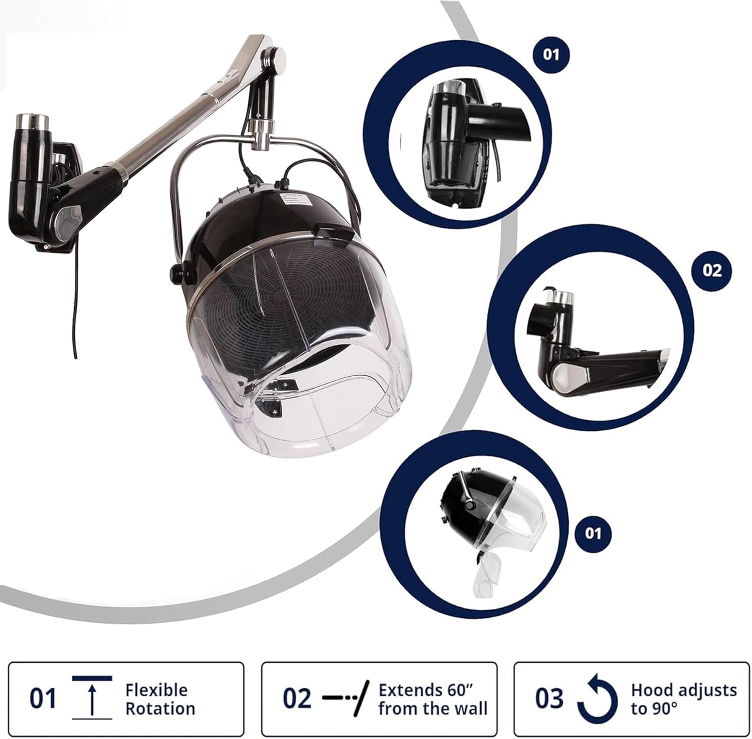 Samger Retractable 900W Wall Mounted Hair Hood Dryer Professional Hair Dryer with Flexible Swivel Arm Built-in 60min Timer Adjustable Temperature 70℃ Beauty Barber Spa Equipment Fits Concrete Wall